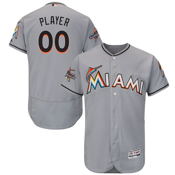 Men Miami Marlins Majestic Road Gray 2017 Authentic Flexbase Custom MLB Jersey with All-Star Game Patch->customized mlb jersey->Custom Jersey